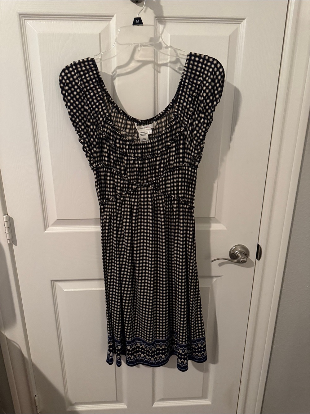 Studio M Black and White Smocked Dress with Blue Hem Border